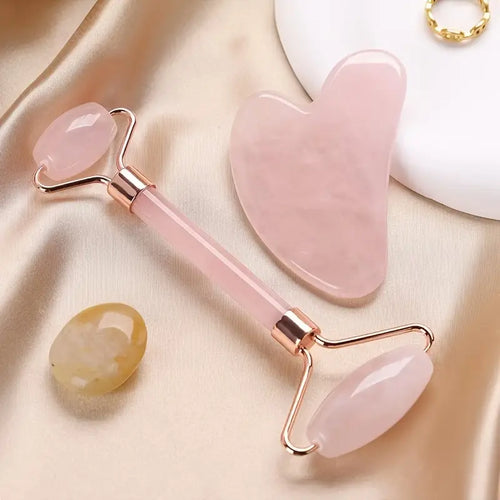 Rose Quartz Roller Set, Artificial Jade Double-Ended Facial Beauty Stick Manual Massager, 4pcs Seasonal Use