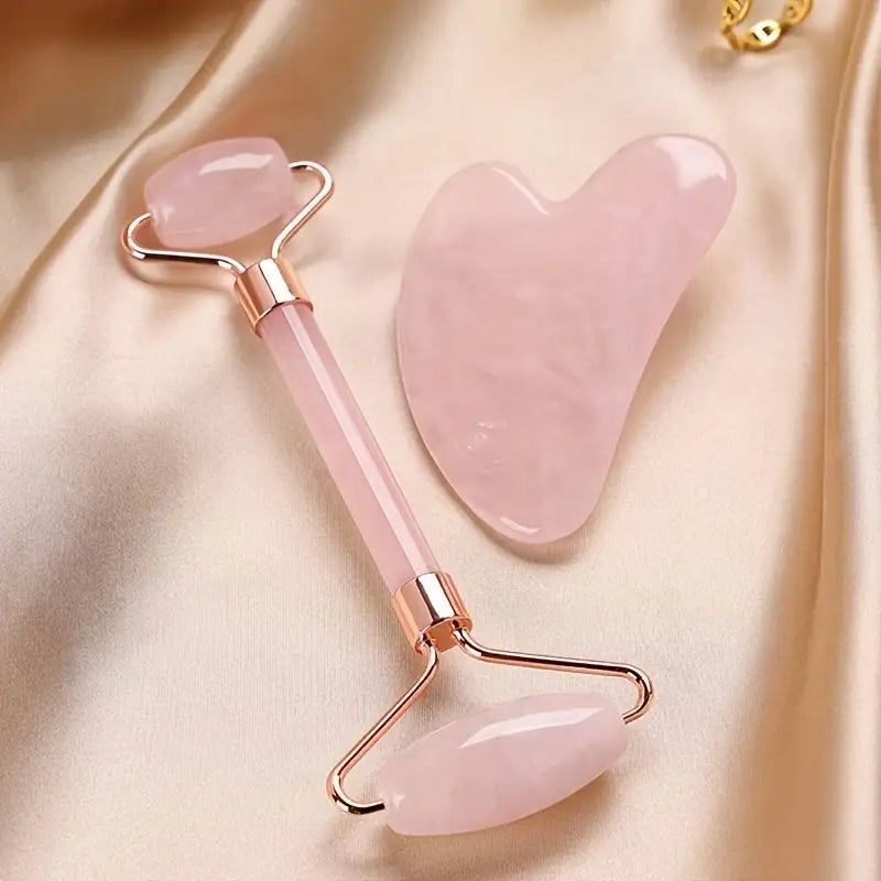 Rose Quartz Roller Set, Artificial Jade Double-Ended Facial Beauty Stick Manual Massager, 4pcs Seasonal Use